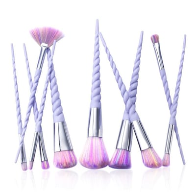 Zodaca 10 Pcs Purple Spiral Handle Makeup Brush Cosmetic Tools Kit Eyeshadow Foundation Concealer Set w/Raindow Bristles