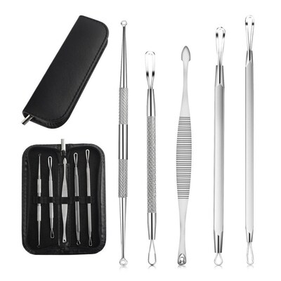 Zodaca 5-piece Set Professional Stainless Steel Blemish Blackhead Remover Pimple Extractor Tool Kit with Zipper Pouch (2304931)