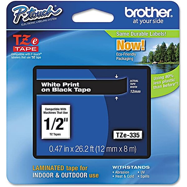 Brother TZ-E335 Label Maker Tape, 1/2W, White On Black