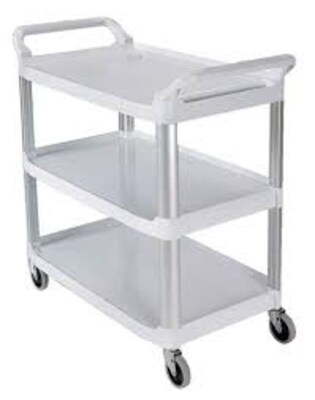 Rubbermaid Commercial 3-Shelf Plastic/Poly Mobile Utility Cart with Lockable Wheels, Black (FG409100