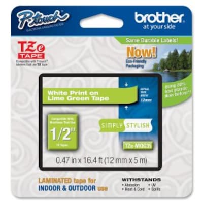 Brother P-touch TZe-MQG35 Laminated Label Maker Tape, 1/2 x 16-4/10, White on Lime Green (TZe-MQG3