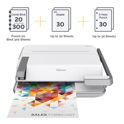 Fellowes Lyra Patented 3-in1 Comb Binding Machine, 30 Sheet Capacity, White/Gray (5603001)