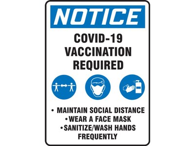 Accuform COVID-19 Vaccination Required Adhesive Surface Sign, 10 x 14, White/Blue/Black (MBDX801VS