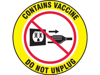 Accuform Contains Vaccine Do Not Unplug Adhesive Surface Safety Label, 6Dia., Yellow/White/Black/Red, 5/Pack (LBDX502VSP)