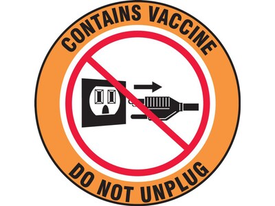 Accuform Contains Vaccine Do Not Unplug Adhesive Surface Safety Label, 6Dia., Orange/White/Black/Red, 5/Pack (LBDX501VSP)