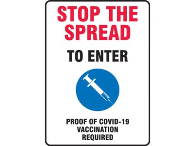 Accuform Proof of COVID-19 Vaccination Required Adhesive Surface Sign, 10 x 14, Blue/Red/White/Black (MBDX500VS)