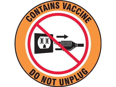 Accuform Contains Vaccine Do Not Unplug Adhesive Surface Label, 4Dia., Orange/White/Black/Red, 5/Pack (LBDX504VSP)
