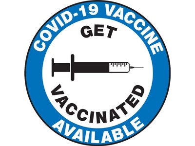 Accuform COVID-19 Vaccine Available Get Vaccinated Adhesive Surface Label, 6 Dia., Blue/White/Black, 5/Pack (LBDX503VSP)