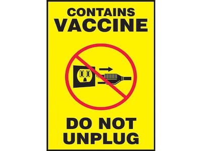 Accuform Contains Vaccine Do Not Unplug Adhesive Surface Label, 5 x 7, Yellow/Black/Red (MBDX505VS