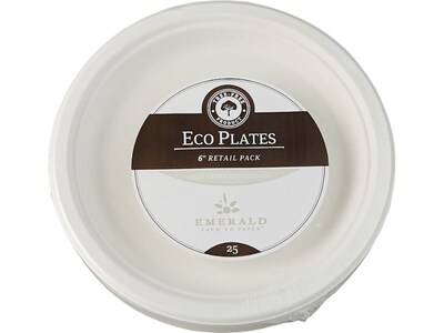 Emerald Tree-Free Farm to Paper Agricultural Waste Plate, 6, White, 25/Pack, 20 Packs/Carton (EMRECOPLATE6)