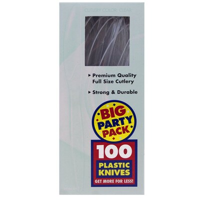 JAM Paper Big Party Pack Premium Plastic Knives, Clear, 100/Box (297KN100cl)