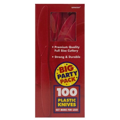JAM Paper® Big Party Pack of Premium Plastic Knives, Red, 100 Disposable Knives/Box (297KN100re)