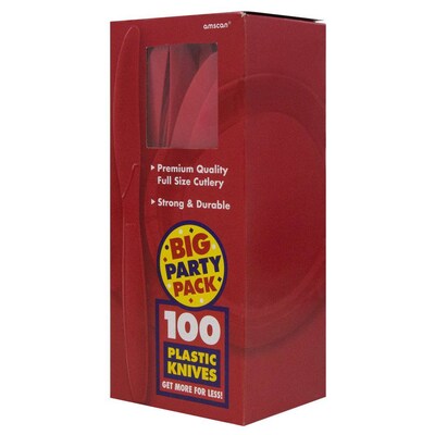 JAM Paper® Big Party Pack of Premium Plastic Knives, Red, 100 Disposable Knives/Box (297KN100re)