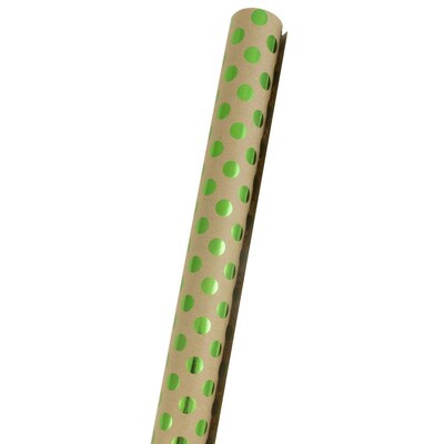 JAM Paper® Gift Wrap, Kraft Wrapping Paper, 25 Sq. Ft, Brown Kraft with Green Foil Dots, Roll Sold I