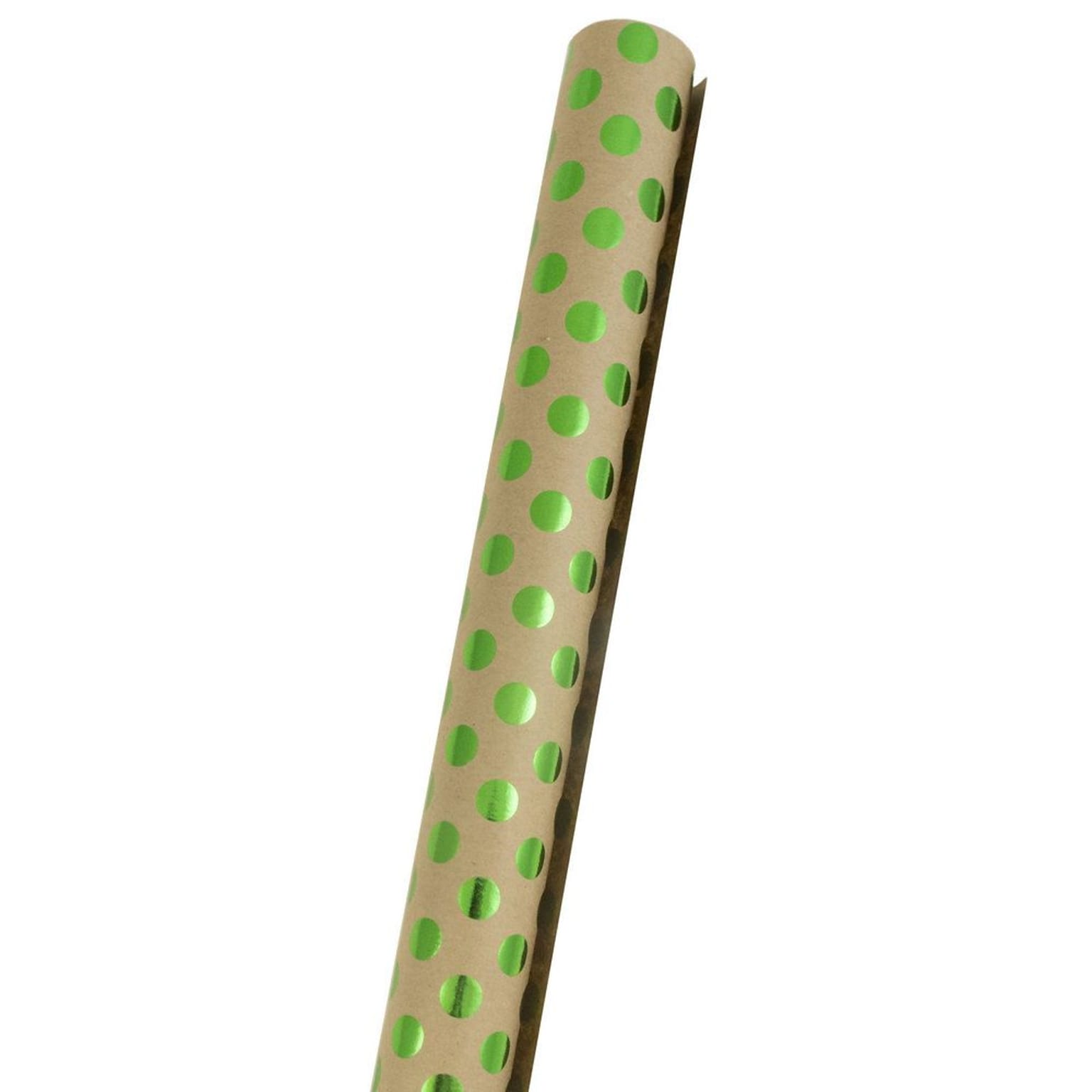 JAM Paper® Gift Wrap, Kraft Wrapping Paper, 25 Sq. Ft, Brown Kraft with Green Foil Dots, Roll Sold Individually (165KD25gr)