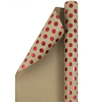 JAM Paper® Gift Wrap, Kraft Wrapping Paper, 25 Sq. Ft, Brown Kraft with Red Foil Dots, Roll Sold Ind