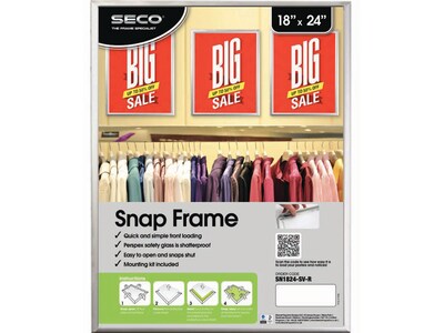 Seco Aluminum Snap Poster Frame, 18 x 24, Silver (SN1824R-SV)
