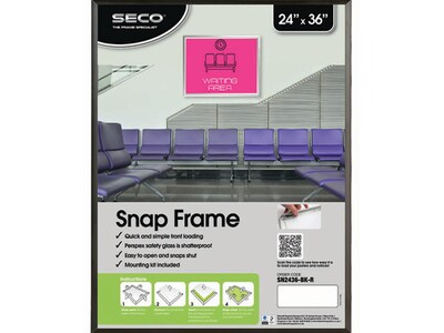 Seco Aluminum Snap Poster Frame, 24 x 36, Black (SN2436BLACKR)
