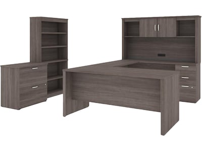 Bestar Logan 66" U-Shaped Executive Desk with Hutch, Lateral File Cabinet, and Bookcase, Bark Grey (46851-47)