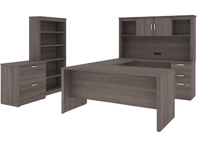 Bestar Logan 66 U-Shaped Executive Desk with Hutch, Lateral File Cabinet, and Bookcase, Bark Grey (