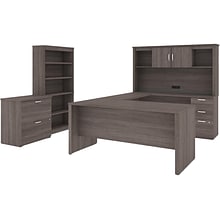 Bestar Logan 66 U-Shaped Executive Desk with Hutch, Lateral File Cabinet, and Bookcase, Bark Grey (