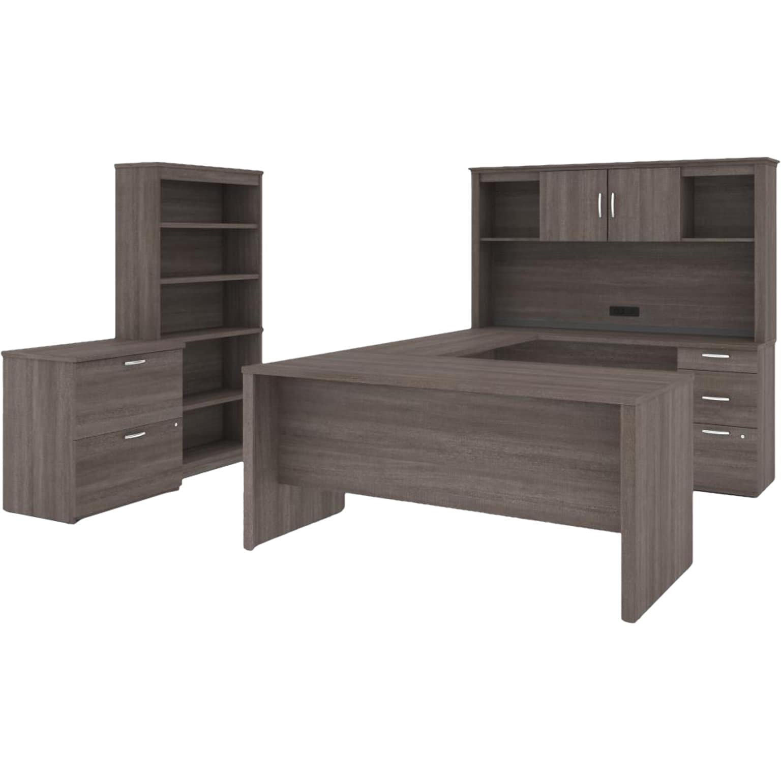 Bestar Logan 66 U-Shaped Executive Desk with Hutch, Lateral File Cabinet, and Bookcase, Bark Grey (46851-47)