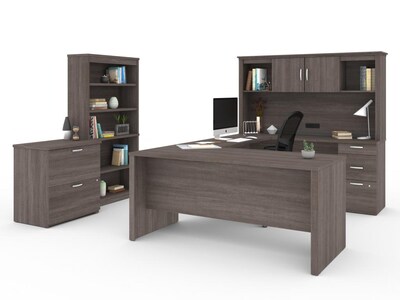 Bestar Logan 66 U-Shaped Executive Desk with Hutch, Lateral File Cabinet, and Bookcase, Bark Grey (