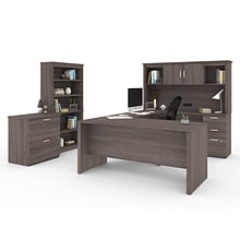 Bestar Logan 66 U-Shaped Executive Desk with Hutch, Lateral File Cabinet, and Bookcase, Bark Grey (