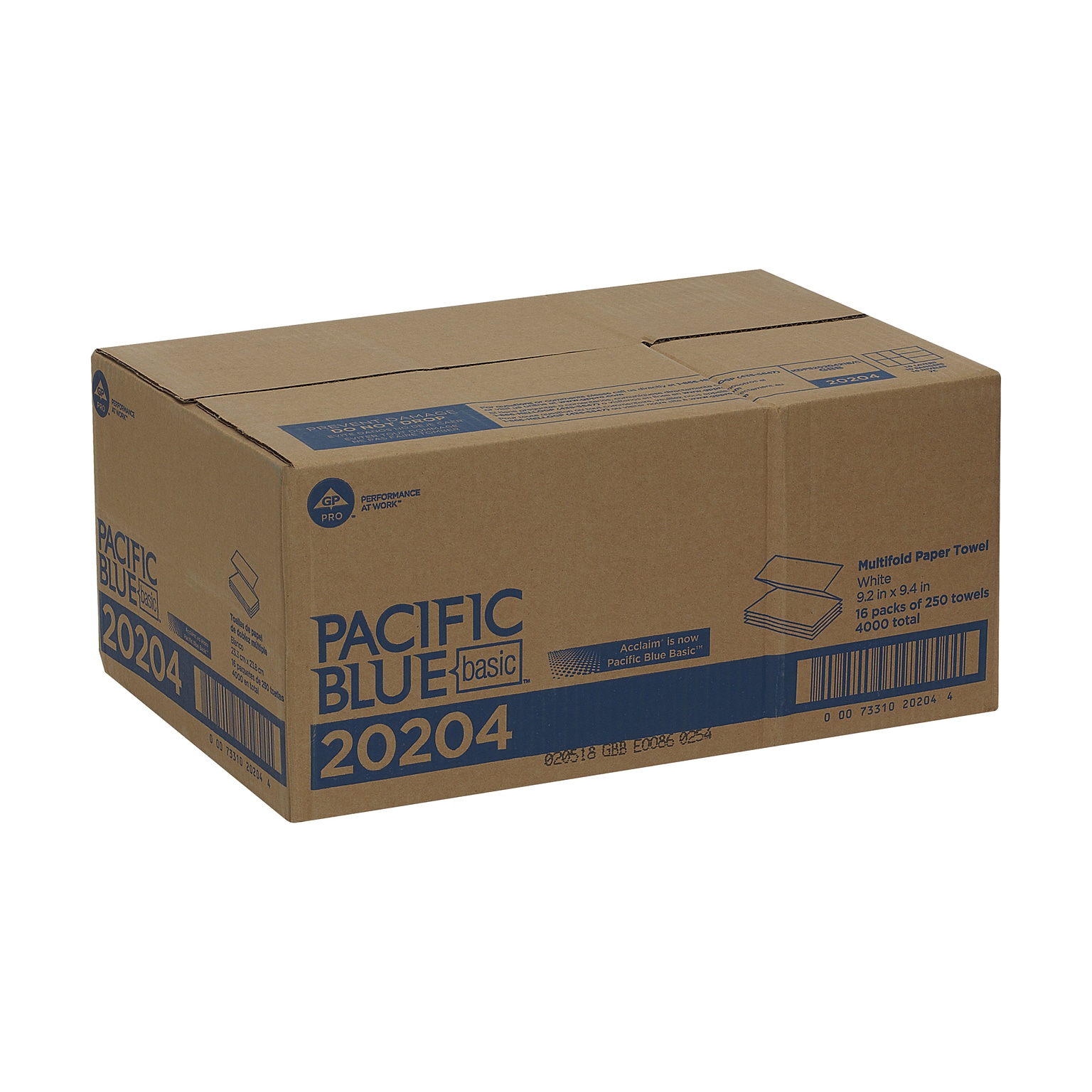 Pacific Blue Basic Multifold Paper Towels, 1-ply, 250 Sheets/Pack, 16 Packs/Carton (20204)