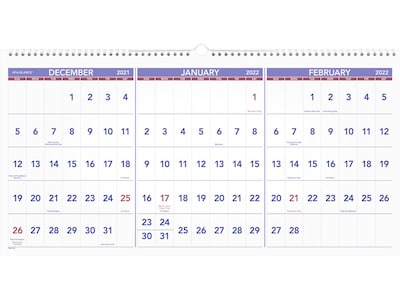 2022 AT-A-GLANCE 12 x 24 Three-Month Calendar, White/Red/Purple (PM14-28-22)