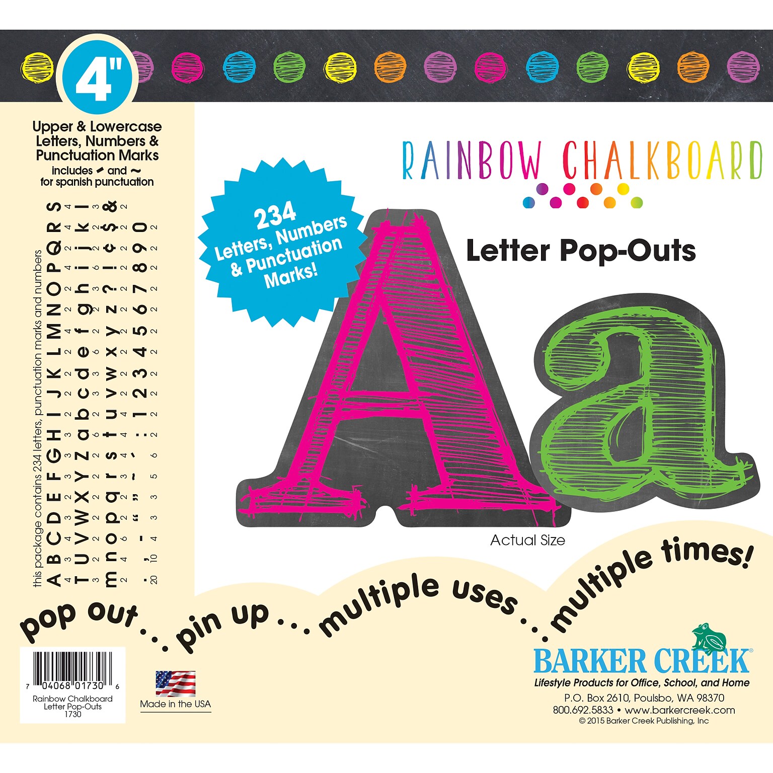 Barker Creek 4 Rainbow Chalkboard Letter Pop-Outs & Poster Letters, 234 characters/Pack