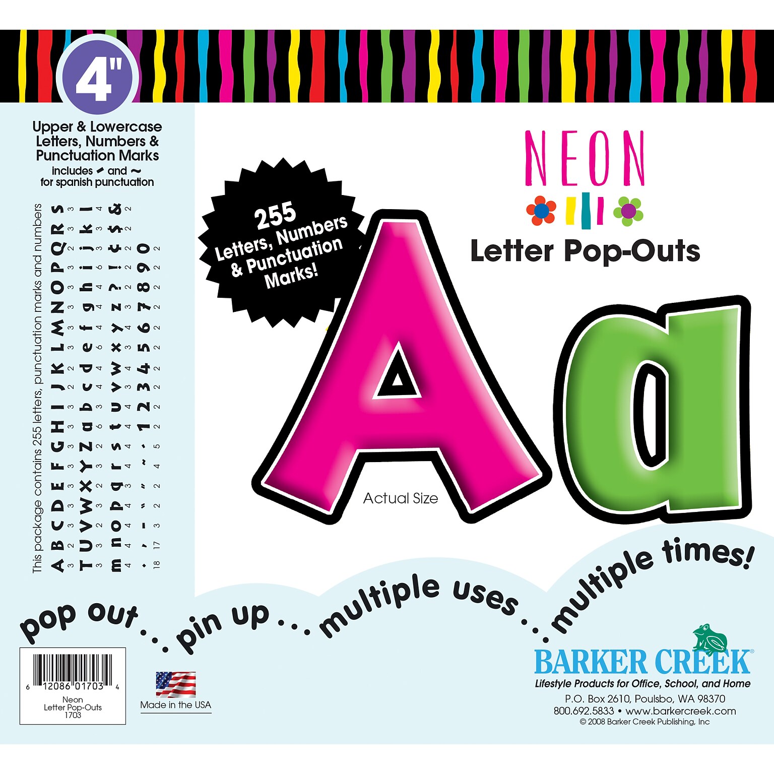 Barker Creek Neon  4 Letters and Numbers, Multicolored, 255/Pack (LL1703)