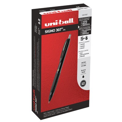 uniball 307 Retractable Gel Pens, Micro Point, 0.5mm, Black Ink, Dozen (1947087)