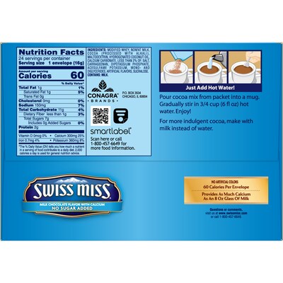 Swiss Miss No Sugar Added Cocoa, 0.55 Oz., 24/Box (HUN55584)