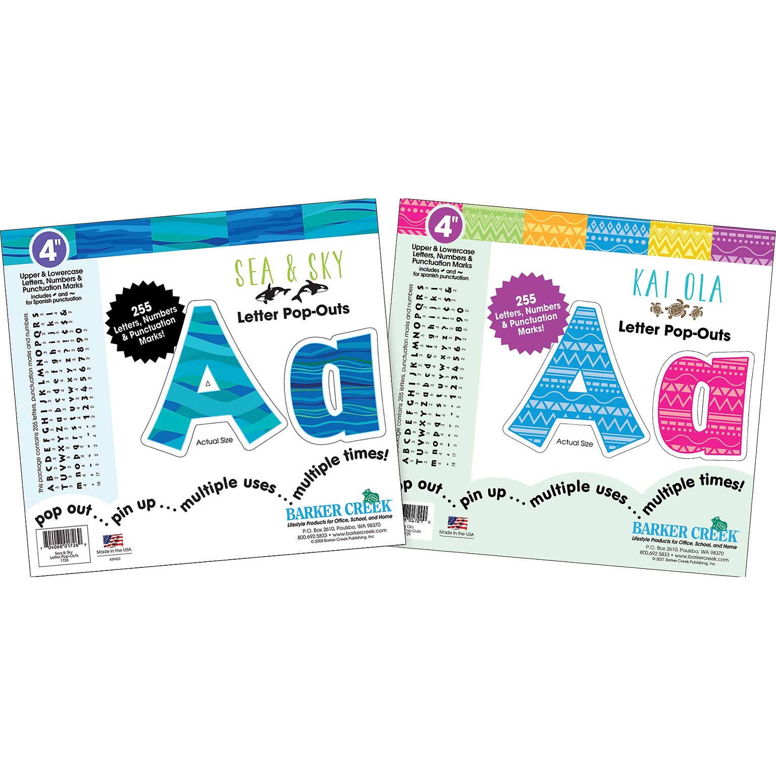 Barker Creek Sea & Sky, Kai Ola  4 Letters and Numbers, Multicolored, 510/Pack (4130)