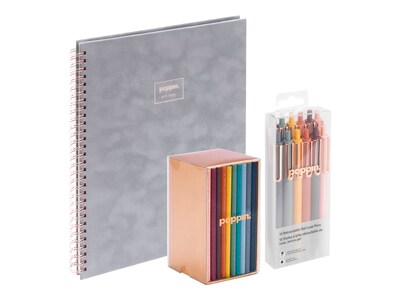 Poppin Velvet Notebook with 10 Mini Notebooks and 6 Pens, 8.25 x 10.25, College Ruled, 40 Sheets, Dove Gray (108521)