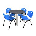 Regency Kee 36 Round Breakroom Table- Grey/ Chrome & 4 M Stack Chairs- Blue (TB36RDGYPCM47BE)
