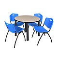 Regency Kee 36 Round Breakroom Table- Beige/ Black & 4 M Stack Chairs- Blue (TB36RDBEPBK47BE)