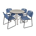 Regency Kee 36 Round Breakroom Table- Maple/ Chrome & 4 Zeng Stack Chairs- Blue (TB36RDPLPCM44BE)