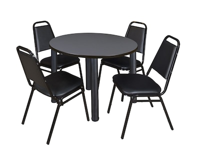 Regency Kee 36 Round Breakroom Table & 4 Restaurant Stack Chairs, Gray/Black (TB36RNDGYBPBK29BK)