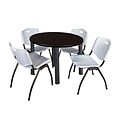 Regency Kee 36 Round Breakroom Table- Mocha Walnut/ Black & 4 M Stack Chairs- Grey (TB36RDMWPBK47GY)