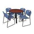 Regency Kee 36 Round Breakroom Table- Cherry/ Black & 4 Zeng Stack Chairs- Blue (TB36RDCHPBK44BE)