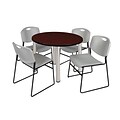 Regency Kee 36 Round Breakroom Table- Mahogany/ Chrome & 4 Zeng Stack Chairs- Grey (TB36RDMHPCM44GY)