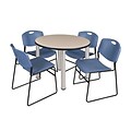 Regency Kee 36 Round Breakroom Table- Beige/ Chrome & 4 Zeng Stack Chairs- Blue (TB36RDBEPCM44BE)