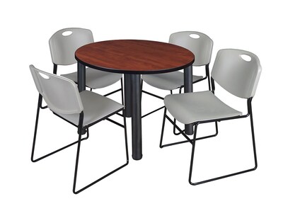 Regency Kee 36 Round Breakroom Table- Cherry/ Black & 4 Zeng Stack Chairs- Grey (TB36RDCHPBK44GY)
