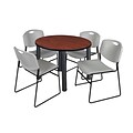 Regency Kee 36 Round Breakroom Table- Cherry/ Black & 4 Zeng Stack Chairs- Grey (TB36RDCHPBK44GY)