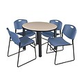 Regency Kee 36 Round Breakroom Table- Beige/ Black & 4 Zeng Stack Chairs- Blue (TB36RDBEPBK44BE)