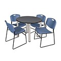 Regency Kee 36 Round Breakroom Table- Grey/ Chrome & 4 Zeng Stack Chairs- Blue (TB36RDGYPCM44BE)