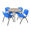 Regency Kee 36 Round Breakroom Table- Beige/ Chrome & 4 M Stack Chairs- Blue (TB36RDBEPCM47BE)