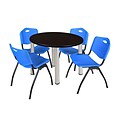 Regency Kee 36 Round Breakroom Table- Mocha Walnut/ Chrome & 4 M Stack Chairs- Blue (TB36RDMWPCM47BE)